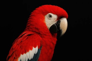 Fototapeta premium Portrait of a vibrant red parrot against a stark black background, highlighting its striking features and vivid colors
