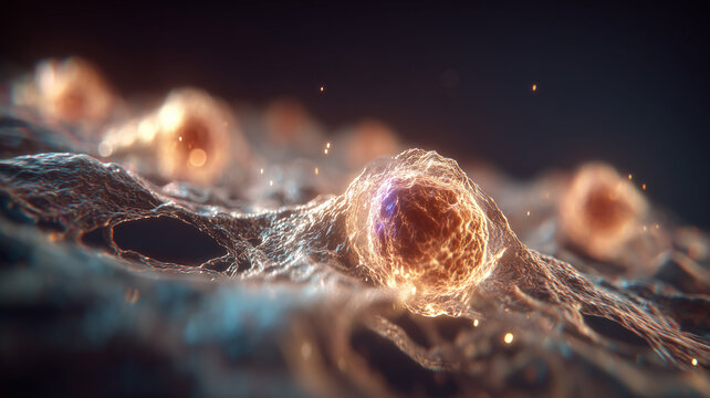 Motile cell migrating across a soft matrix to depict tissue remodeling and wound repair, highlighting dynamics of adhesion, traction, and coordinated movement in living systems.
