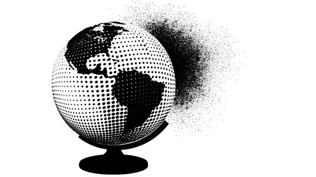 Globe with a black and white background. The globe is surrounded by a black and white speckled area