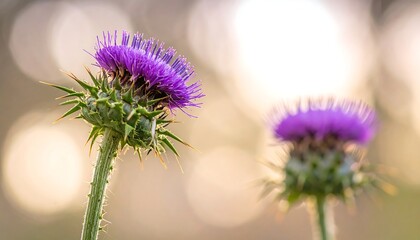 Two purple thistle blooms with green stems in sunny bokeh background