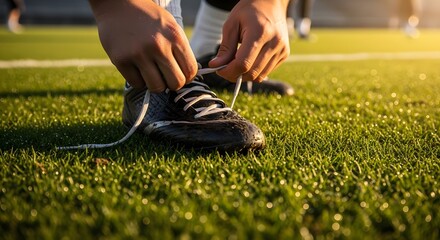 Close-up of athlete's hands tying soccer cleats on artificial turf preparing for practice or game warm-up action