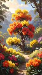 Lush garden path leads to colorful tree with a mountainous backdrop
