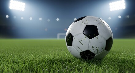 Naklejka premium Classic black and white soccer ball rests on lush green field under stadium lights ready for game