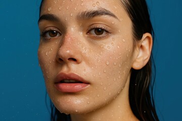 A serene portrait of a woman with water droplets gently resting on her face