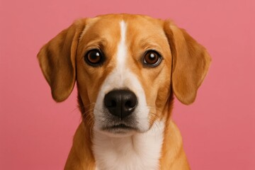 A brown and white dog with a pink background