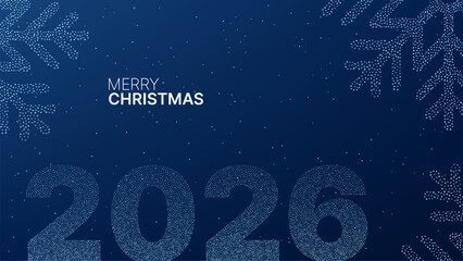 Merry Christmas 2026 text with dot snowflake design on blue background for greeting card, holiday celebration. Winter festive banner. © hiten666