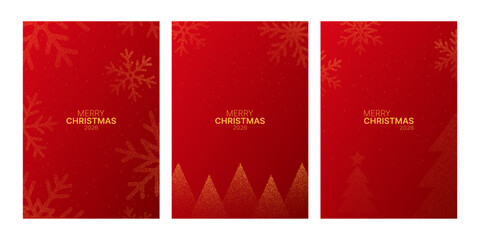 christmas 2026 red banner set with golden snowflakes and dot art trees. Festive winter holiday greeting card design element.