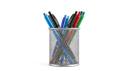 Vibrant pens in a modern metal desk organizer ready for creative ideas and productivity