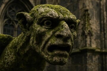 Obraz premium An ancient stone gargoyle stands guard over the passage of time, its weathered face etched with the stories of centuries past