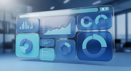 Futuristic digital interface displaying financial data charts graphs and analytics in a modern office environment