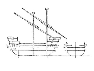Longitudinal and cross-section of a medieval ship of the 13th century, old vintage illustration, 1879 © Timofeeff