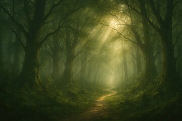 Naklejka premium A Serene Forest Pathway Illuminated by Nature's Gentle Embrace