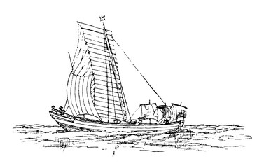 Chinese pilot boat with five masts, old vintage illustration, 1879