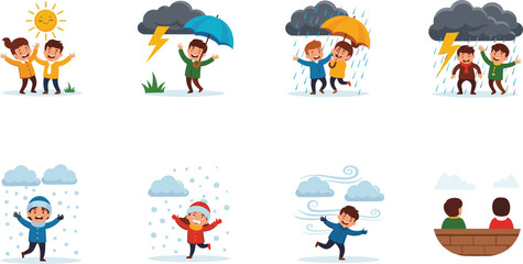 Cartoon children enjoying various weather conditions like sun, rain, thunderstorm, snow, wind, cloudy sky, vector illustration on white background.