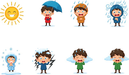 Cute cartoon kids expressing different weather conditions like sun, rain, snow, storm, wind, cold, vector illustration on white background.