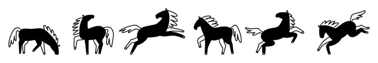 Vector horizontal collection of horses hand drawn in doodle style	
