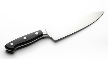 Sharp professional chef knife with black handle gleaming on clean white background