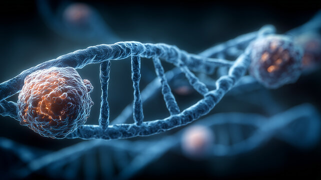 DNA damage with mutation hotspots on a double helix strand representing genetic instability and the concept of disease risk and biomedical research focus
