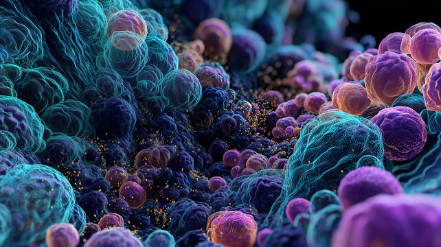 Tumor microenvironment of proliferating cells illustrating uncontrolled growth and the concept of cancer progression and therapeutic targeting
