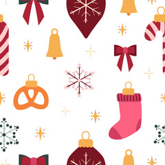 A Christmas seamless pattern featuring New Year's toys on white background. Perfect for children's clothing and home decor, as well as wrapping paper.