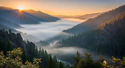 Misty mountain valley sunrise over serene lake with pine trees lush greenery scenic landscape