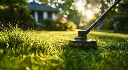 Close-up of a grass trimmer cutting lush green lawn in sunlight. The spinning blade and handle are in focus, with soft light and a house in the background, symbolizing gardening, care,