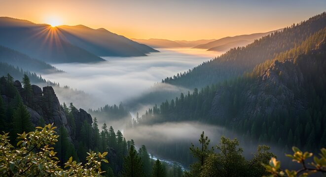 Misty mountain valley sunrise over serene lake with pine trees lush greenery scenic landscape - Powered by Adobe