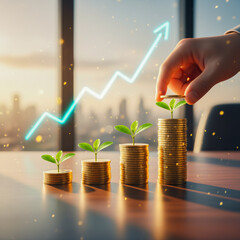 Financial Growth Concept — Coins Stacks with Growing Trees and Investment Graph in Background