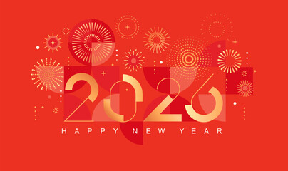 Fototapeta na wymiar Celebrating 2026 New Year. Bright card for happy event with abstract golden fireworks and golden numbers on red background with geometric pattern. Template for poster, flyer, web. Vector illustration