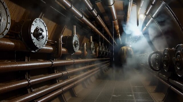 Ai generative Exploring a mysterious, steamy tunnel with intricate piping and machinery, a lone figure with a headlamp adds to the intrigue and adventure