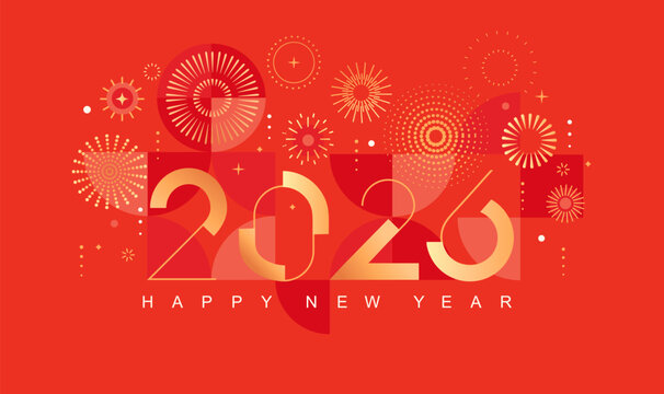 Celebrating 2026 New Year. Bright card for happy event with abstract golden fireworks and golden numbers on red background with geometric pattern. Template for poster, flyer, web. Vector illustration