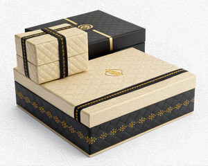 Elegant black and beige luxury gift boxes with golden details. Premium packaging design for special occasions