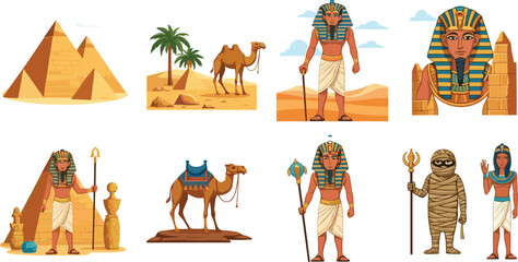 Ancient Egypt cartoon vector set with pyramids, pharaoh, camels, mummy, desert landscape, artifacts, and Egyptian queen character.