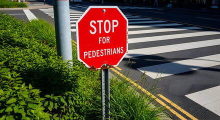 Stop Sign at a Crosswalk Encourages Safety Awareness for Pedestrians Crossing the Street