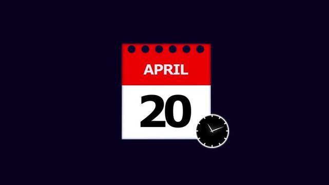 Year 20 April graphic Infrared calendar in futuristic and tech glowing, Calendar appearing with the date April 20,chroma key ,calendar icon monthly Clock countdown timer icon 4k video.