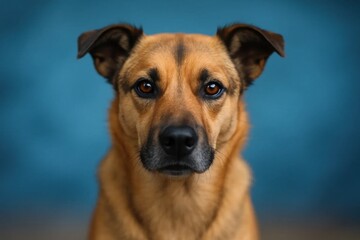 Obraz premium A German Shepherd gazes directly into the camera with a serene expression against a solid blue background