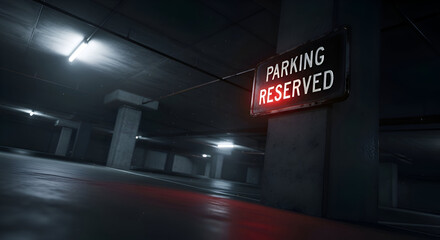 Underground Parking Garage With Reserved Sign Illuminated, Evoking Silence and Mystery