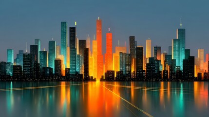 Obraz premium City skyline with a large body of water in the background. The city is lit up with neon lights, creating a vibrant and energetic atmosphere