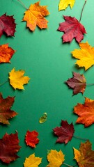 Obraz premium Vivid autumn leaves on a smooth, emerald-green surface