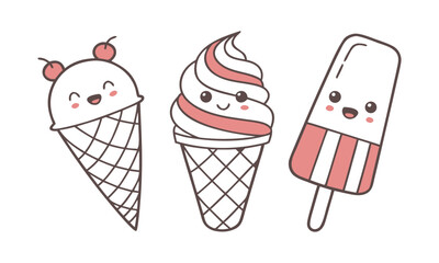 Kawaii Ice Cream & Popsicle Icons – Cute Dessert Vector illustration Set, easily editable.