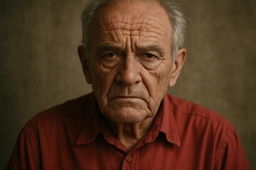 Obraz premium An elderly man stands resolute against a textured backdrop, his gaze reflecting years of wisdom and experience