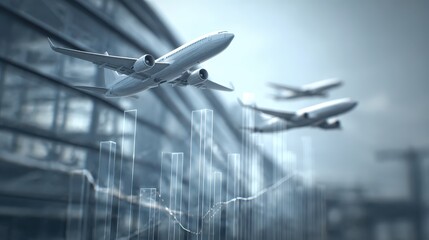 Modern commercial airplane flying over airport terminal with sleek design and advanced aviation technology showcasing industry-leading safety and passenger comfort