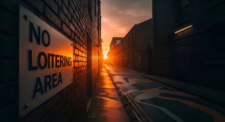 Sunset Glows on Street Illuminating a No Loitering Sign and Alleyway