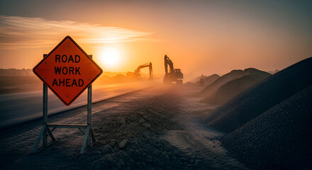 Obraz premium Sunset Illuminated Construction Site: Road Work Sign, Excavators, and Earthmoving Operations