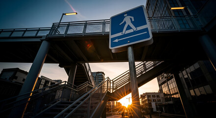 Urban Pedestrian Crossing Overpass Illuminated by Golden Hour Sunlight with Signage