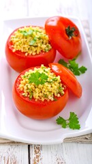 Two red tomatoes filled with grain, parsley garnish