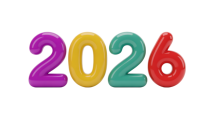 Colorful 2026 isolated on transparent background, a vibrant and cheerful year ahead