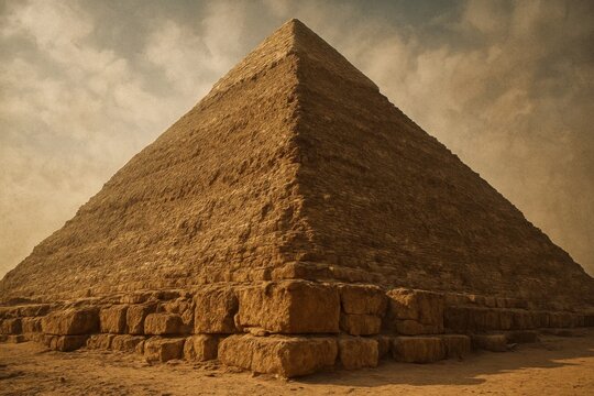The Great Pyramid of Giza stands tall against a backdrop of a cloudy sky, embodying the enduring legacy of human ingenuity and architectural prowess