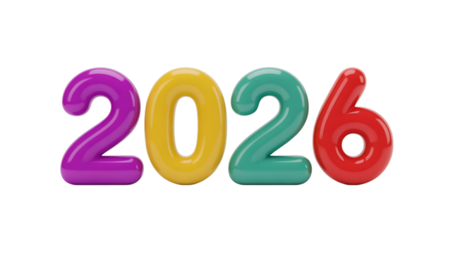 Colorful 2026 isolated on transparent background, a vibrant and cheerful year ahead