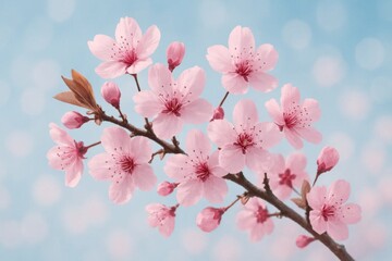 Naklejka premium A delicate bloom of pink cherry blossoms against a serene blue sky, symbolizing the transient beauty of spring
